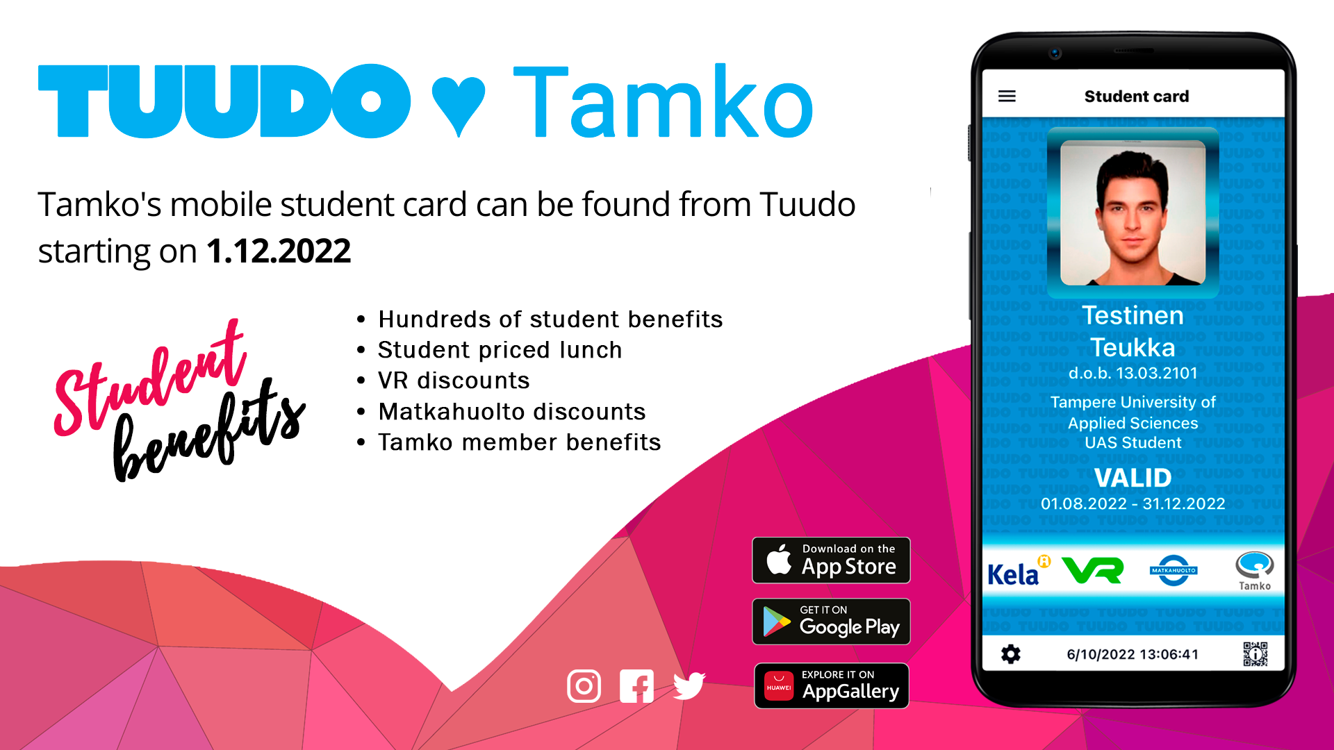 TAMKO’S MOBILE STUDENT CARD CAN BE FOUND FROM TUUDO STARTING ON 1.12.2022